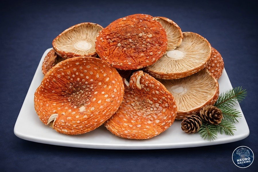 Шляпки красных мухоморов